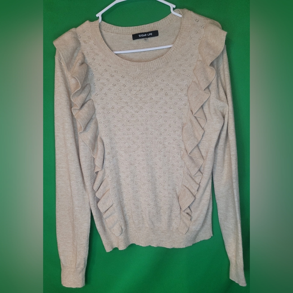 Sugar Lip Beige Ruffle Knit Sweater Sugarlips Iceland Pointelle Women Size XL